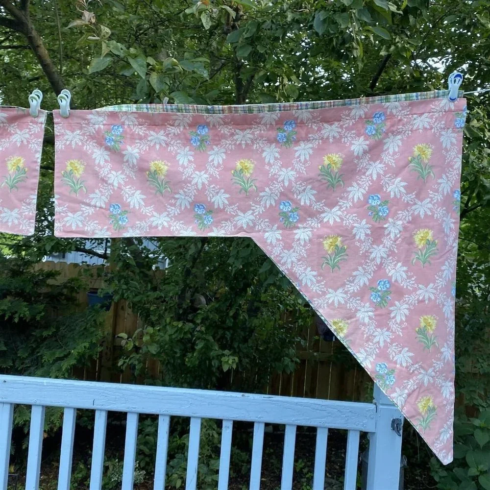 Vintage Canvas Curtain Swag Valance Pink Floral Plaid Reversible